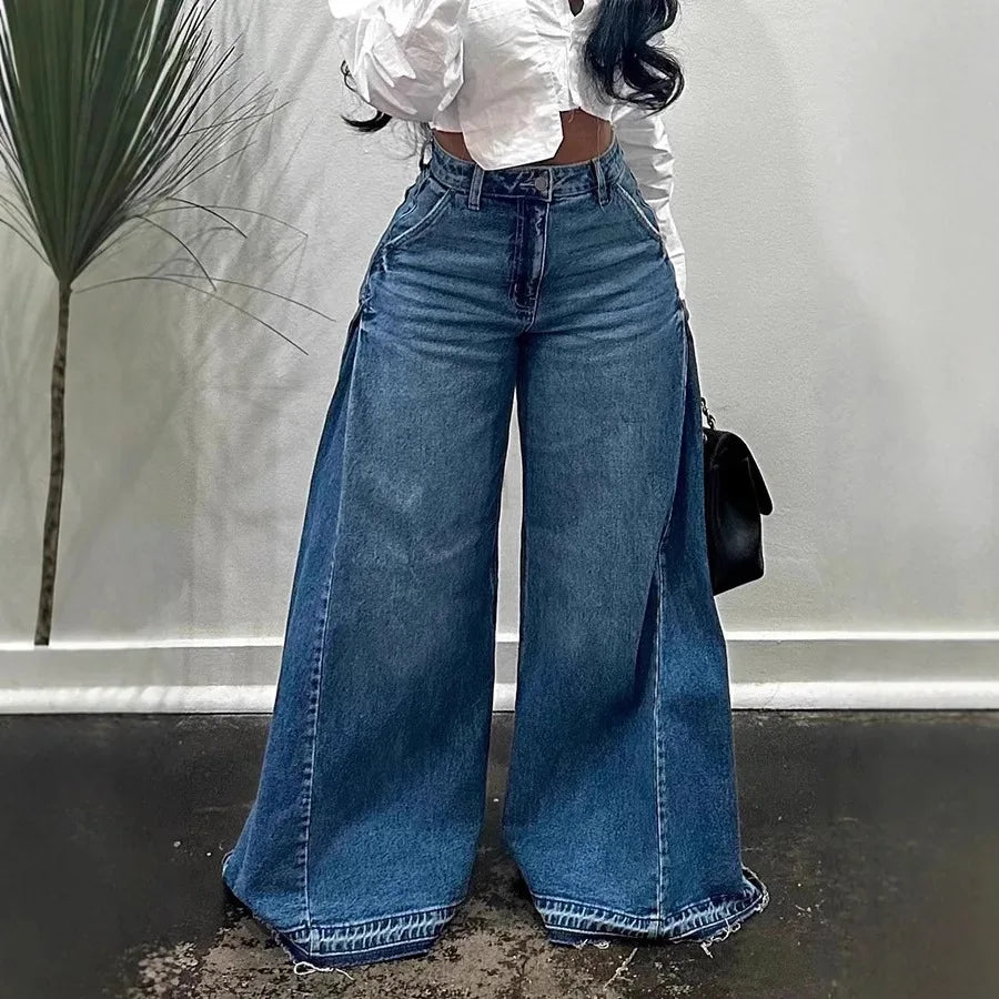 Pantaloni jeans svasati a gamba larga larghi alla moda casual impiombati da donna di nuova moda europea americana Pantaloni jeans streetwear femminili