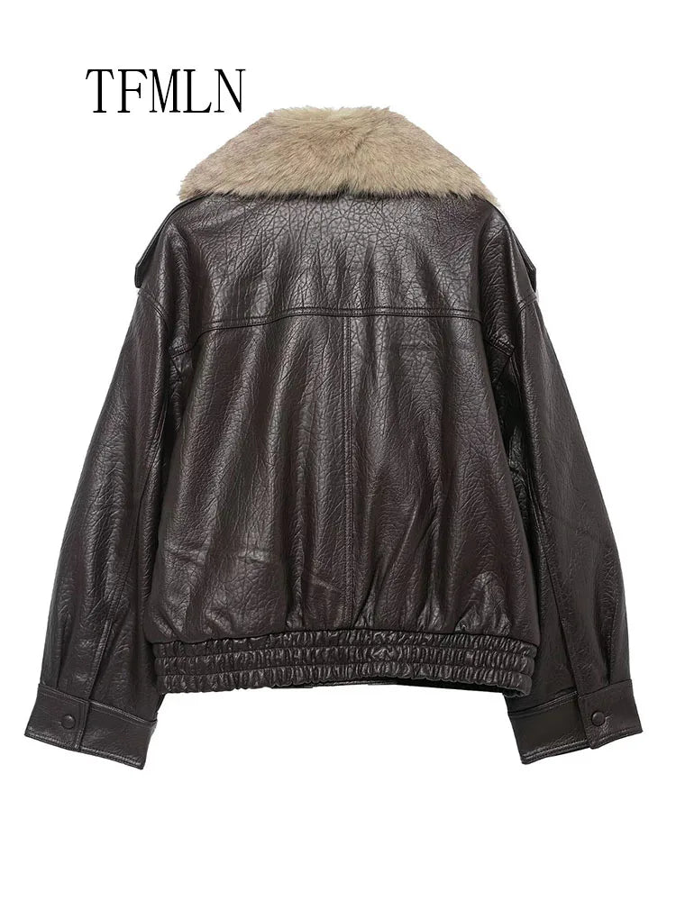 TFMLN 2025 Donne di Inverno Allentato Giacca In Ecopelle Moda Rimosso Grande Collo di Pelliccia Cappotto Causale High Street Doppio Petto Outwear