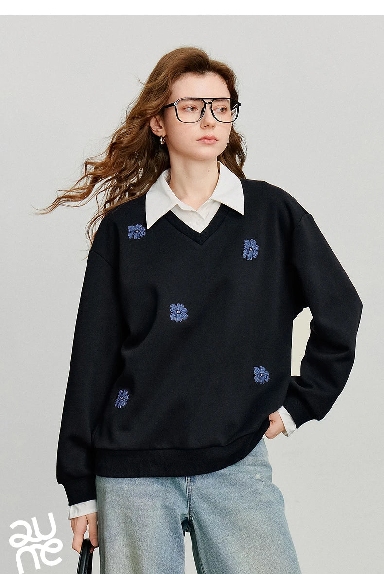 TOYOUTH Felpa da donna 2025 Autunno Nuovo Denim Fiore Ricamo Falso in due pezzi Splicing Colletto rovesciato Pullover casual in cotone