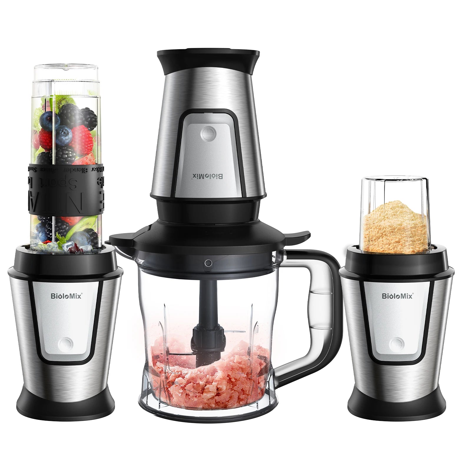 BioloMix 700W Compact Kitchen Blender 3-in-1 Juicer Food Processor and Dry Grinder Perfect for Making Fresh Juices Dips