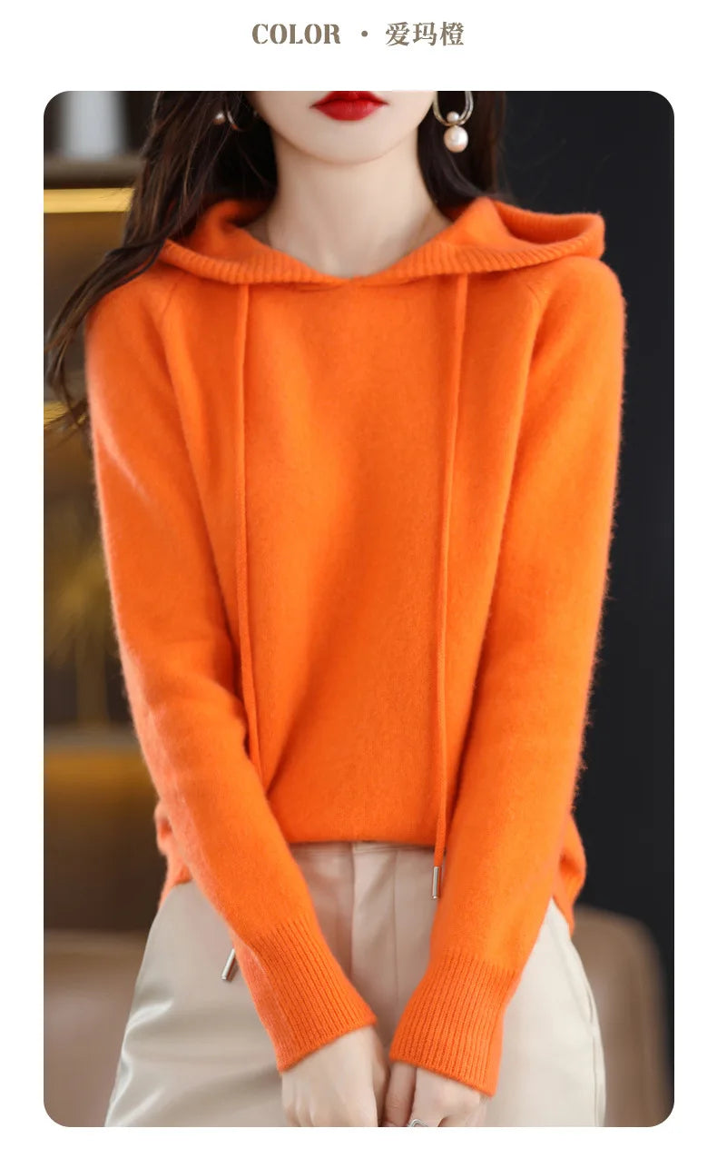 Maglione con cappuccio Moda Donna Autunno Inverno Manica lunga Tinta unita Felpe con cappuccio lavorate a maglia Lady Felpa con cappuccio pullover casual con coulisse allentata