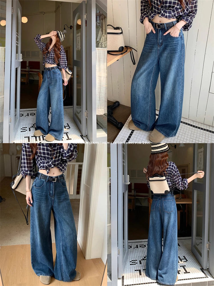 Jeans a Vita Alta Stile Americano, Gamba Larga, per Donna, Autunno Inverno, Vestibilità Comoda, Pantaloni Lunghi, Taglio Dritto, Casual, Denim Blu, Effetto Snellente