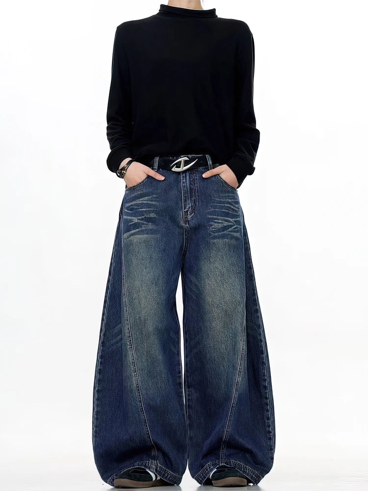 Jeans Baggy Vintage Neri Lavati da Uomo, Pantaloni a Gamba Larga con Taglio Curvo, Streetwear, Stile Cowboy, Casual, in Denim, a Gamba Dritta