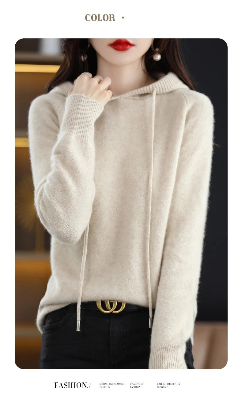 Maglione con cappuccio Moda Donna Autunno Inverno Manica lunga Tinta unita Felpe con cappuccio lavorate a maglia Lady Felpa con cappuccio pullover casual con coulisse allentata