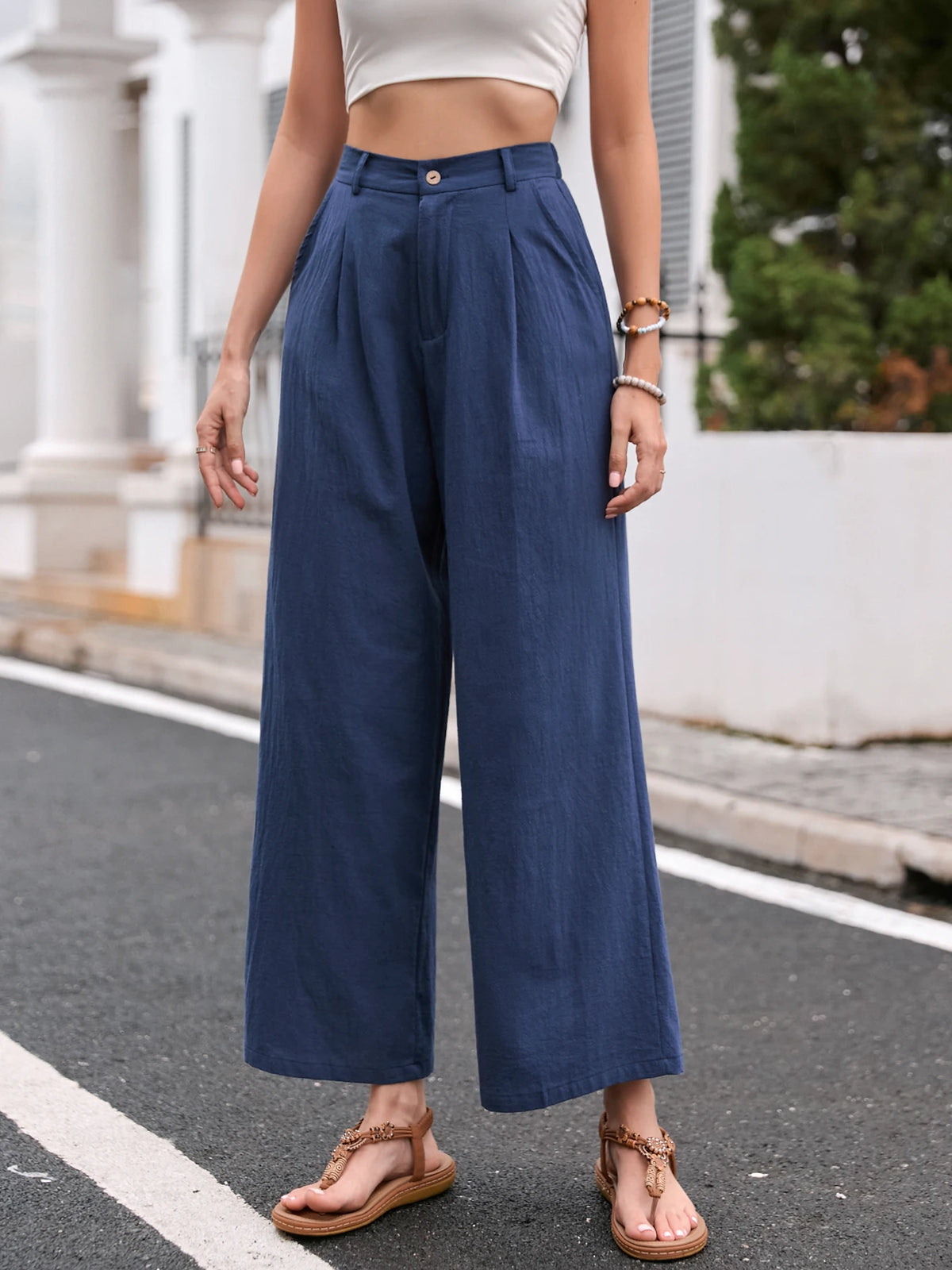 Eleganti Pantaloni Larghi in Lino Tinta Unita per Donne, Vita Alta, Casual Estivi, Morbidi e Snellenti, Lunghi per Primavera e Autunno