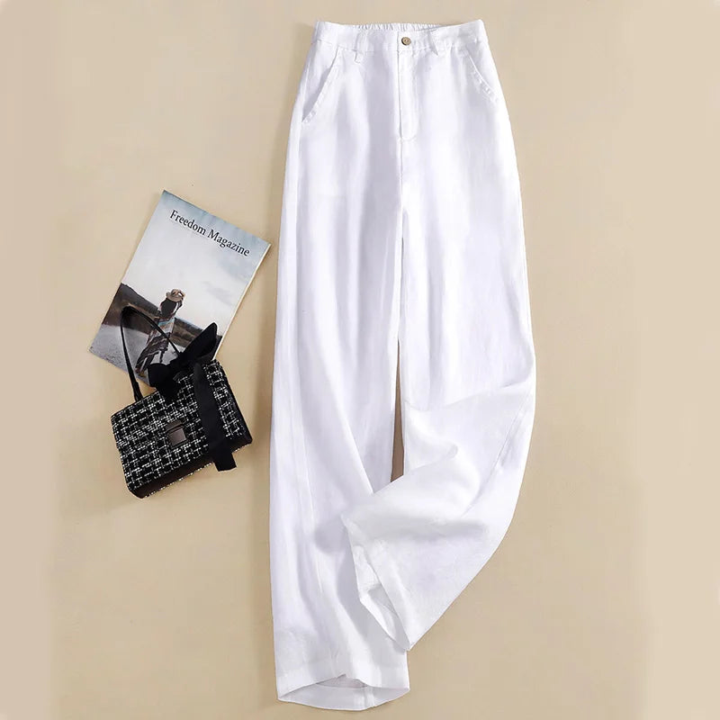 Pantaloni Larghi a Vita Alta in Lino Tinta Unita, Nuovi Modelli Estivi Coreani da Donna, Taglie Grandi, Moda Casual Elegante e Drappeggiata