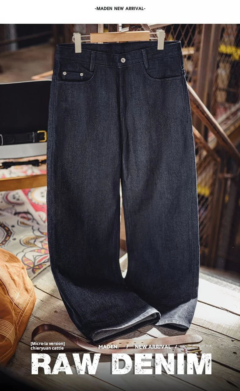 Maden Vintage Jeans da uomo in denim grezzo con cimosa da 15,6 once Pantaloni a gamba larga con cerniera YKK Jeans dritti per l'autunno e l'inverno