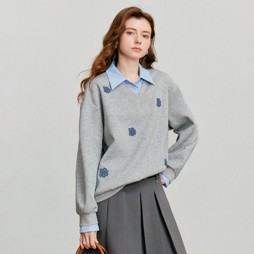 TOYOUTH Felpa da donna 2025 Autunno Nuovo Denim Fiore Ricamo Falso in due pezzi Splicing Colletto rovesciato Pullover casual in cotone