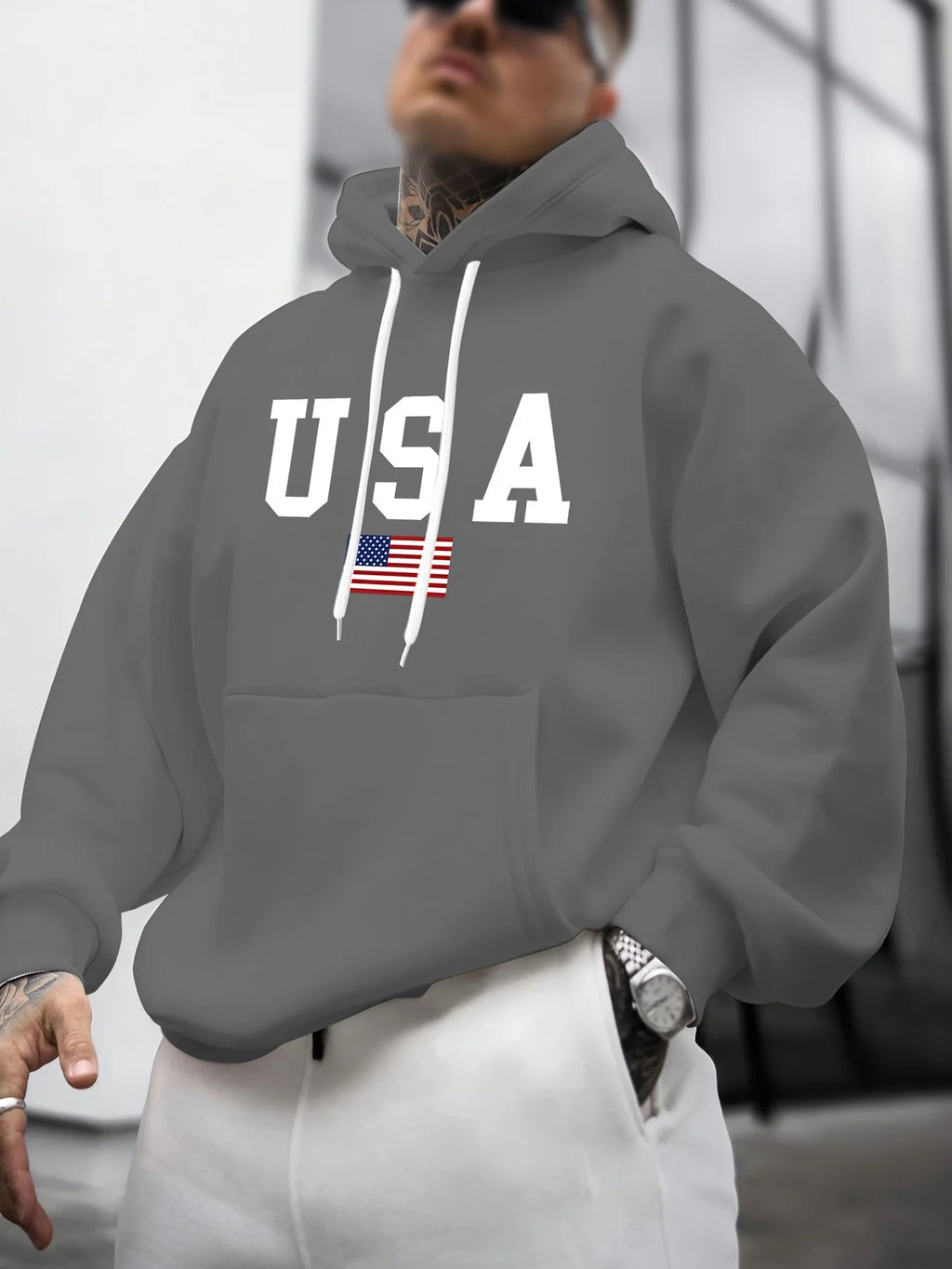 Felpa con Cappuccio da Uomo Autunno-Inverno, Moda Casual, Stampa Grafica Bandiera Americana, Maniche Lunghe, Pullover Caldo