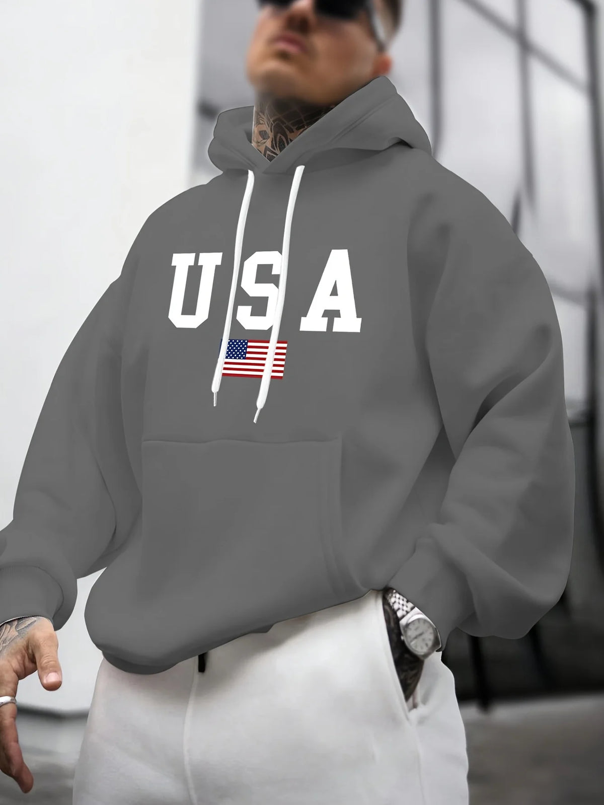 Felpa con Cappuccio da Uomo Autunno-Inverno, Moda Casual, Stampa Grafica Bandiera Americana, Maniche Lunghe, Pullover Caldo