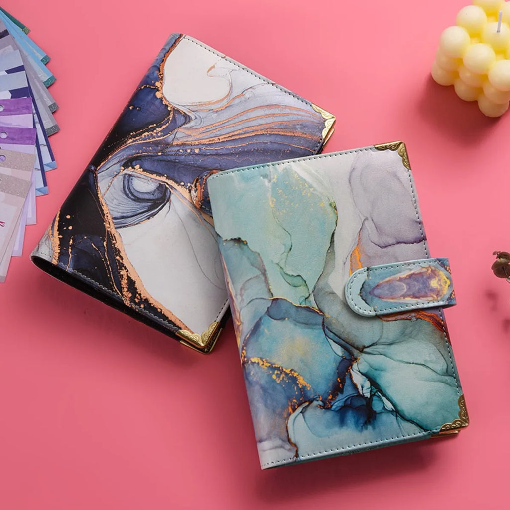 1spc budget card 12 sheets+zipper bag 8 sheets+2 sheets English stickers A6 leather retro marble pattern copper corner accountin