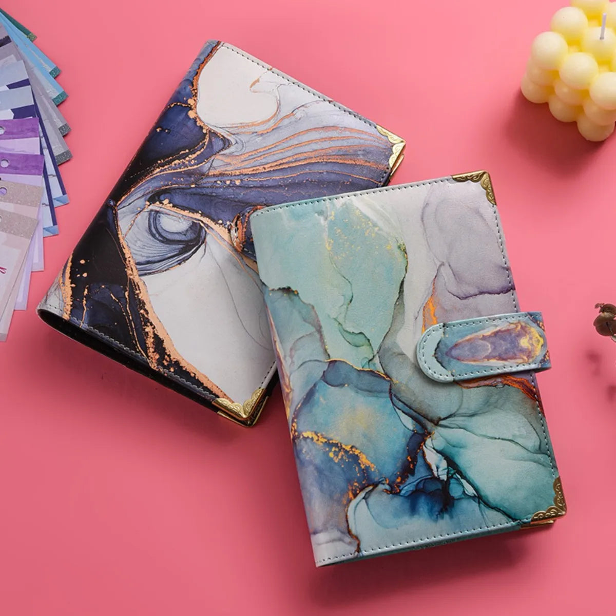1spc budget card 12 sheets+zipper bag 8 sheets+2 sheets English stickers A6 leather retro marble pattern copper corner accountin
