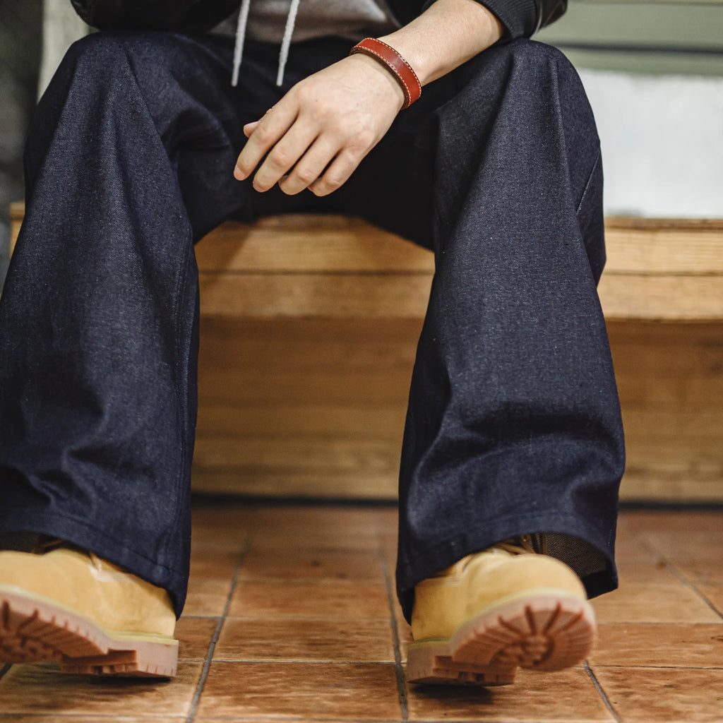 Maden Vintage Jeans da uomo in denim grezzo con cimosa da 15,6 once Pantaloni a gamba larga con cerniera YKK Jeans dritti per l'autunno e l'inverno