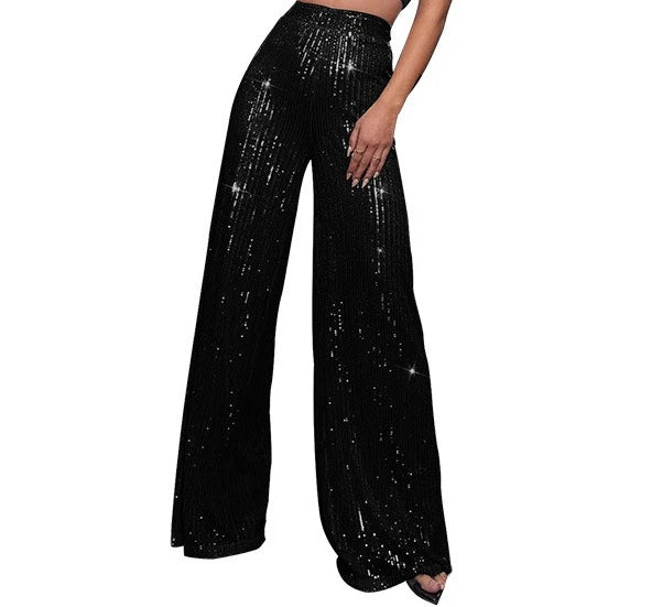Pantaloni da donna, abbigliamento femminile, vestiti alla moda, pantaloni casual con paillettes, pantaloni eleganti, ampi e fluidi, a gamba larga, hwy5623