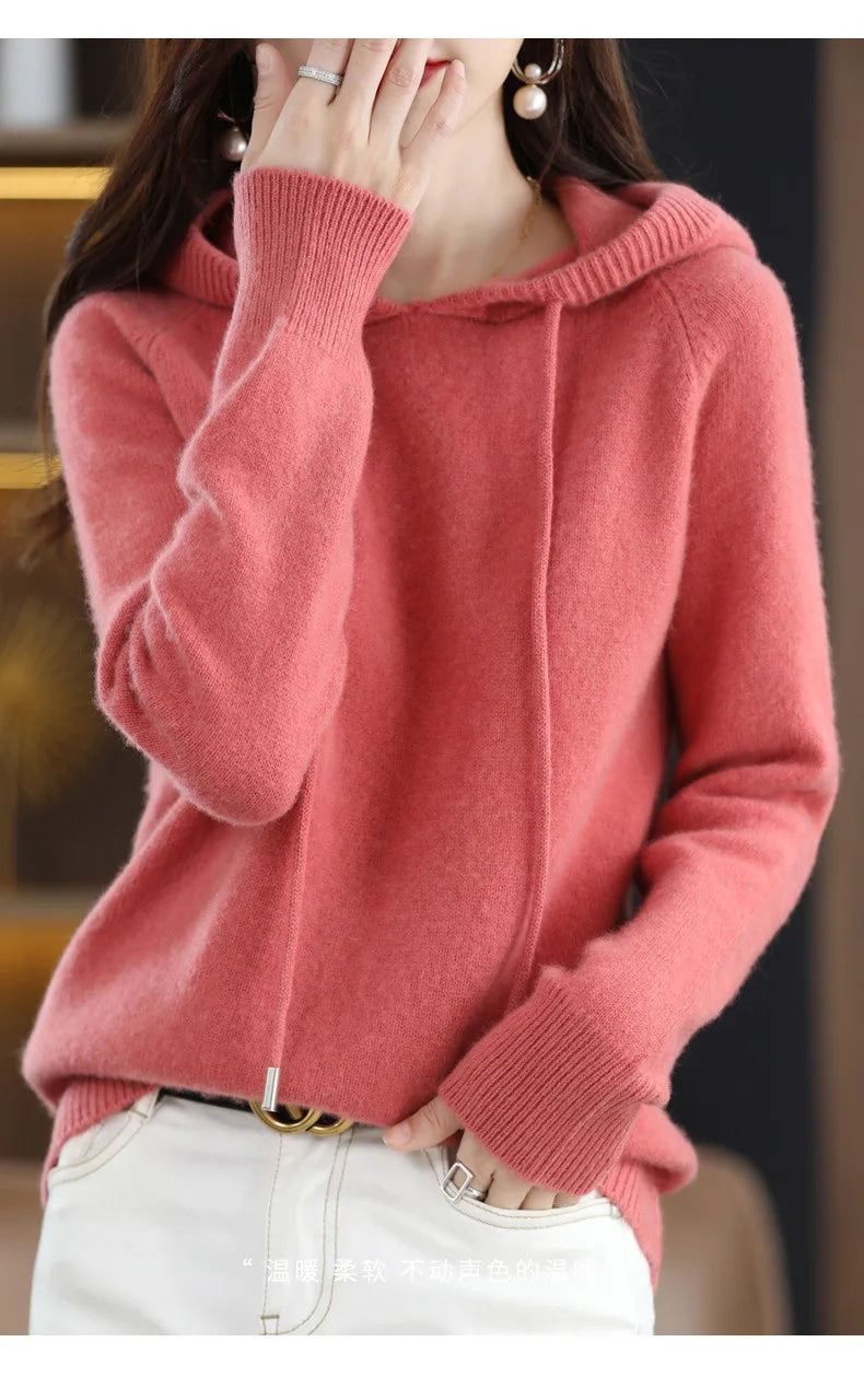 Maglione con cappuccio Moda Donna Autunno Inverno Manica lunga Tinta unita Felpe con cappuccio lavorate a maglia Lady Felpa con cappuccio pullover casual con coulisse allentata