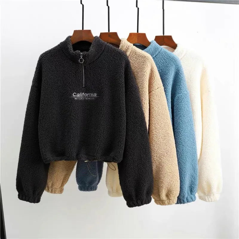 Felpe con cappuccio ritagliate in pile con ricamo a lettera da donna felpe con coulisse a maniche lunghe autunnali nuove magliette Casual in velluto di peluche