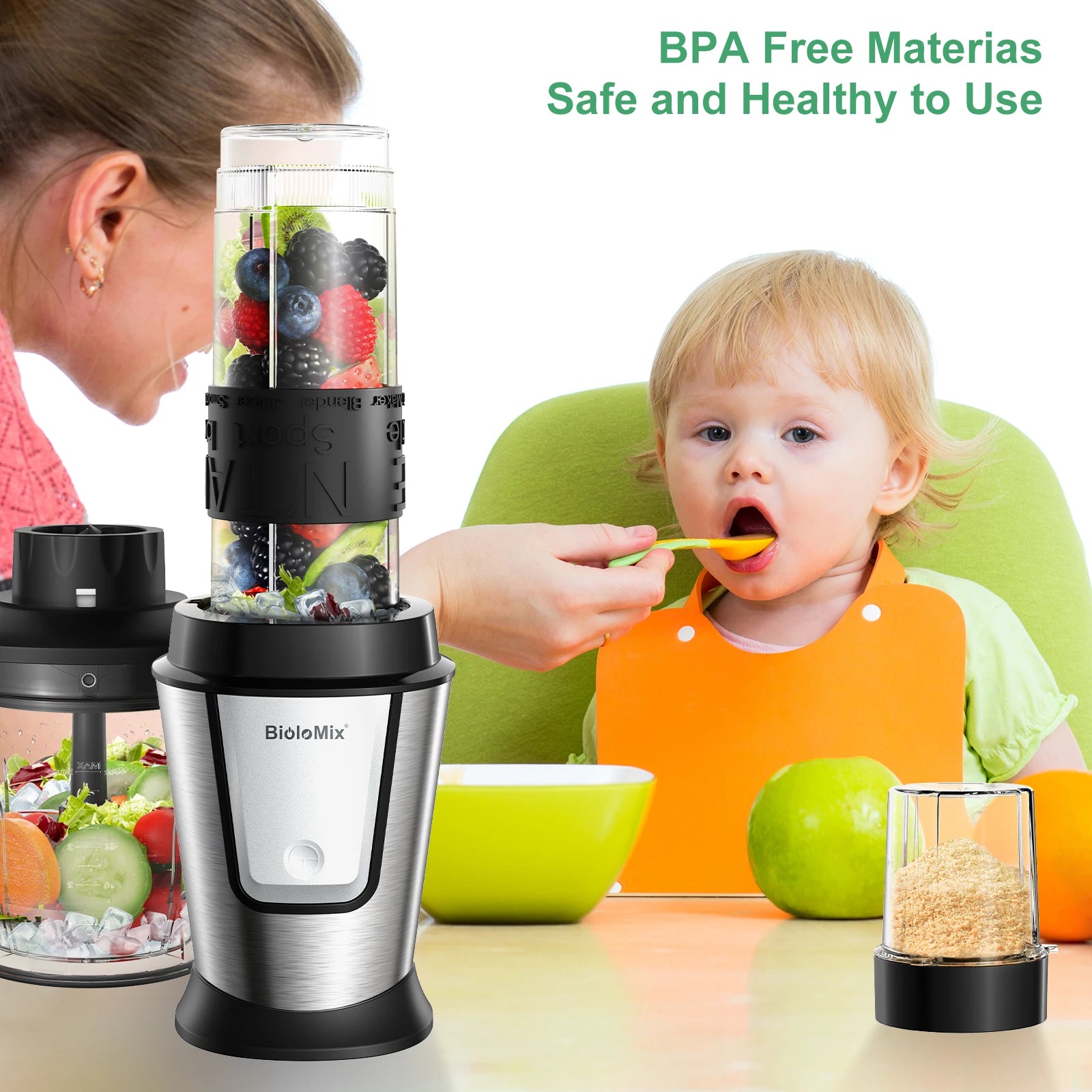 BioloMix 700W Compact Kitchen Blender 3-in-1 Juicer Food Processor and Dry Grinder Perfect for Making Fresh Juices Dips