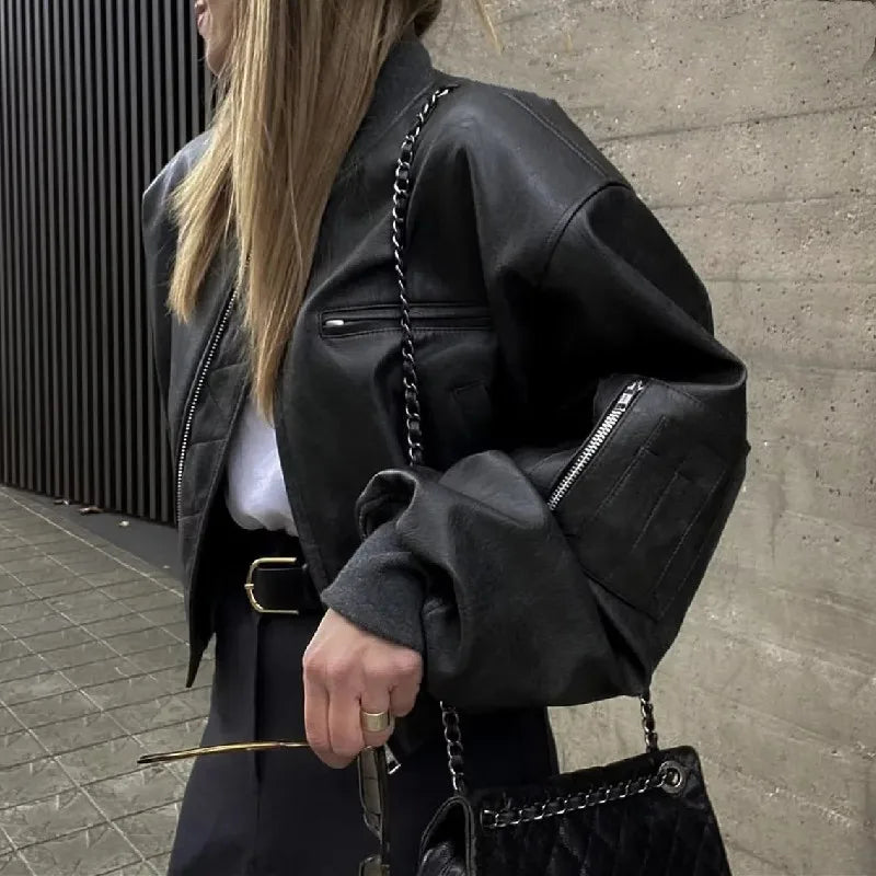 Giacca in Pelle PU Y2K COOL da Donna con Collo a V, Maniche Lunghe, Cerniera, Imbottita, Corta e Larga, Grigia