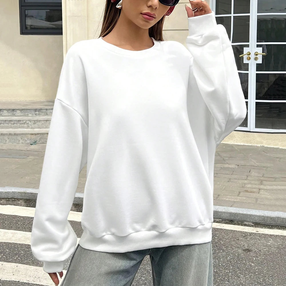 Felpa da Donna Primaverile Bianca Traspirante, Pullover Tinta Unita, Top Casual Ampio per Tutte le Stagioni, Manica Lunga Sottile con Collo Rotondo