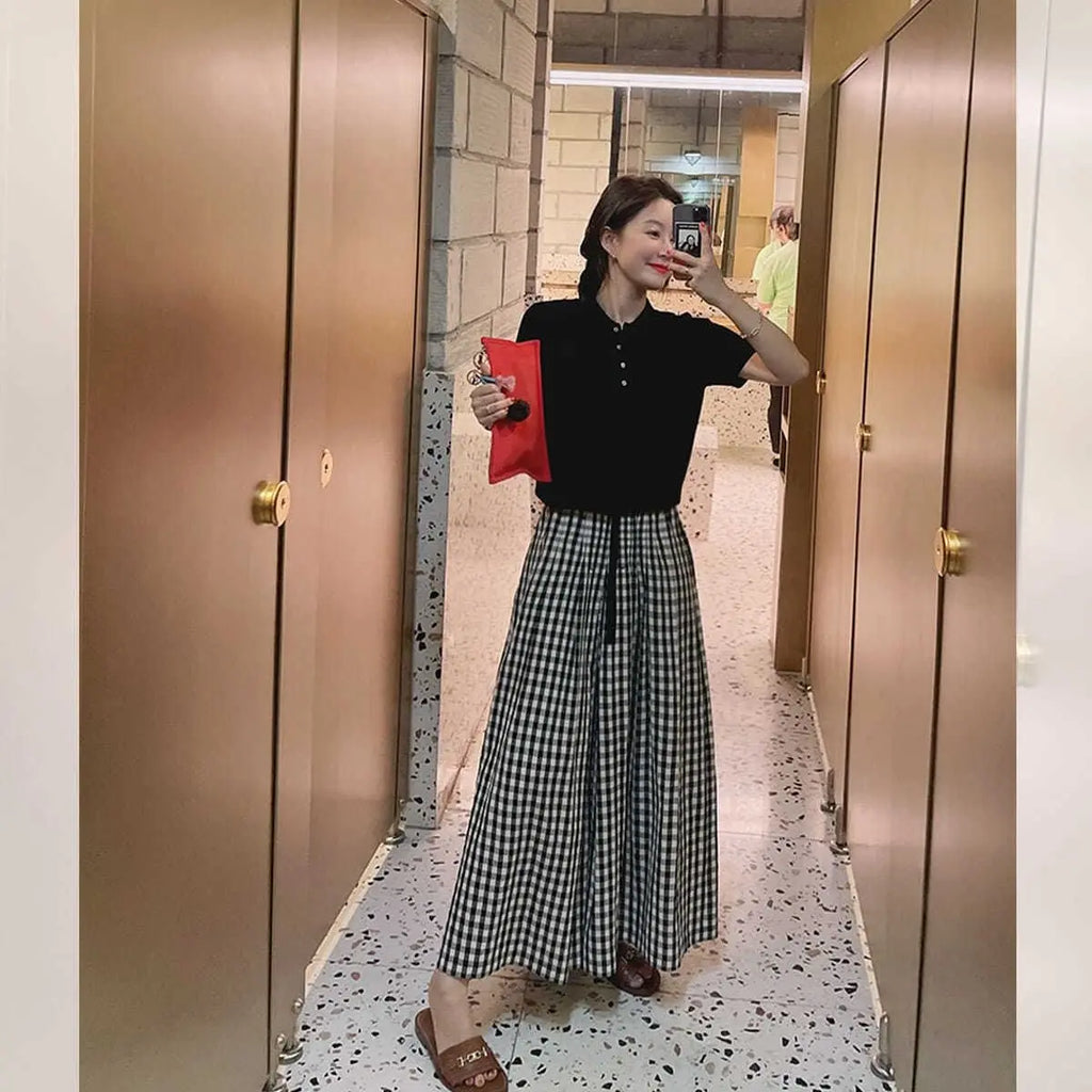 Pantaloni scozzesi a gamba larga da donna Pantaloni larghi stile coreano con pannelli Pantaloni streetwear Pantalones Abbigliamento estivo A-line Adolescenti College