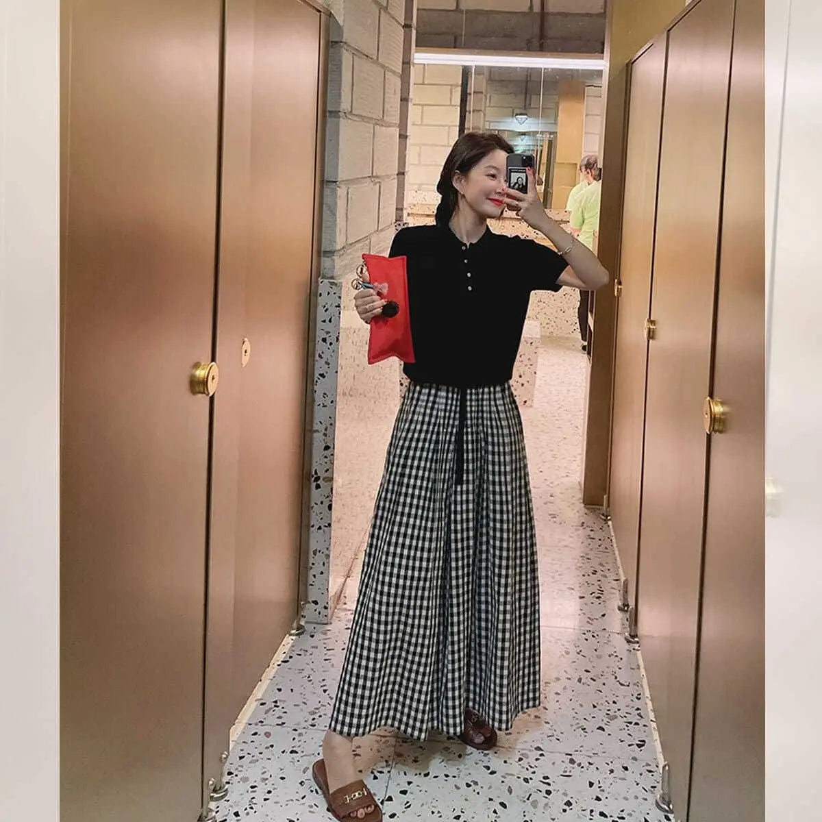 Pantaloni scozzesi a gamba larga da donna Pantaloni larghi stile coreano con pannelli Pantaloni streetwear Pantalones Abbigliamento estivo A-line Adolescenti College
