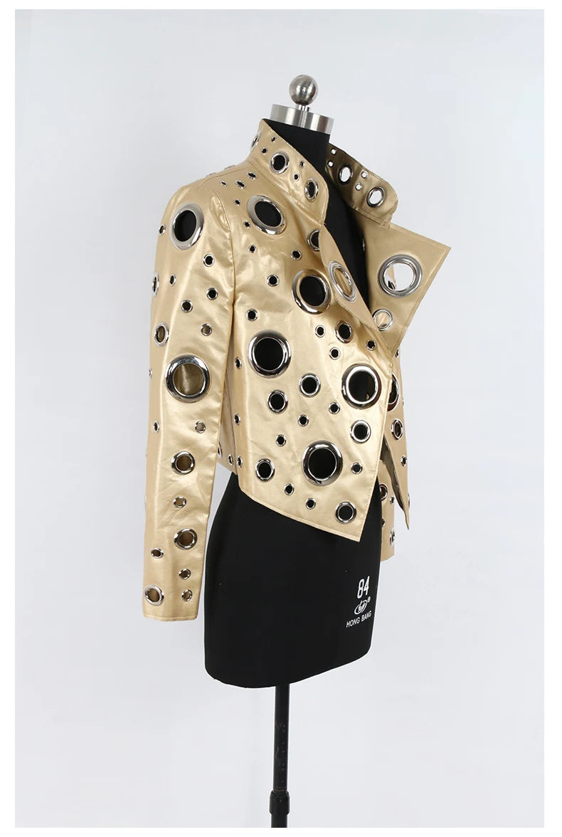 Nerazzurri primavera autunno corto scava fuori giacca in pelle Pu donna rivetto fresco elegante Designer di lusso vestiti pista moda 2024