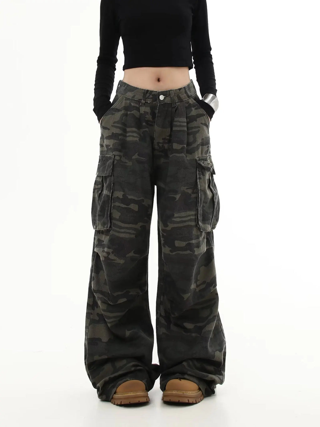 Pantaloni Cargo mimetici donna Y2K Streetwear Jeans a vita bassa pantaloni a gamba larga retrò pantaloni dritti in Denim Harajuku