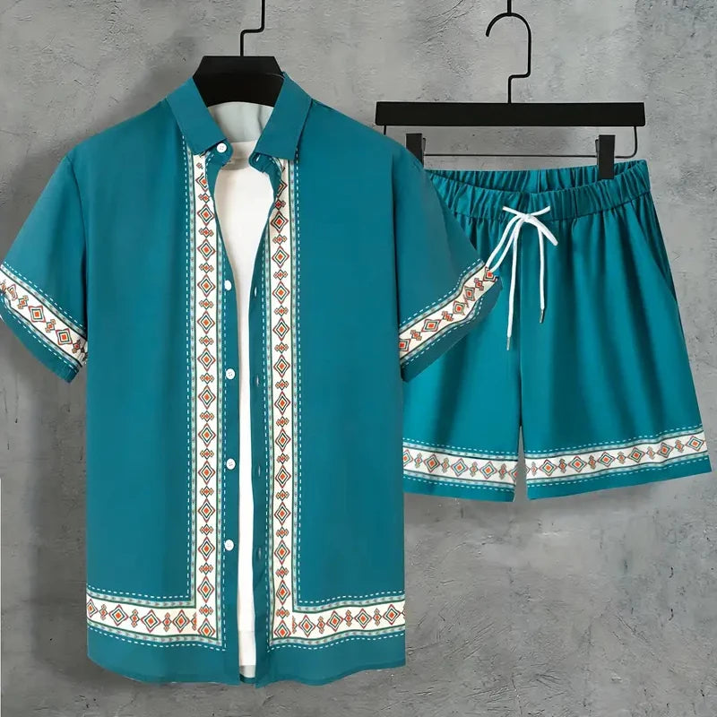 2024 vestito da vacanza estiva dei nuovi uomini camicia con bordo stampato strutturato retrò pantaloncini a maniche corte tuta da piscina traspirante da uomo in due pezzi
