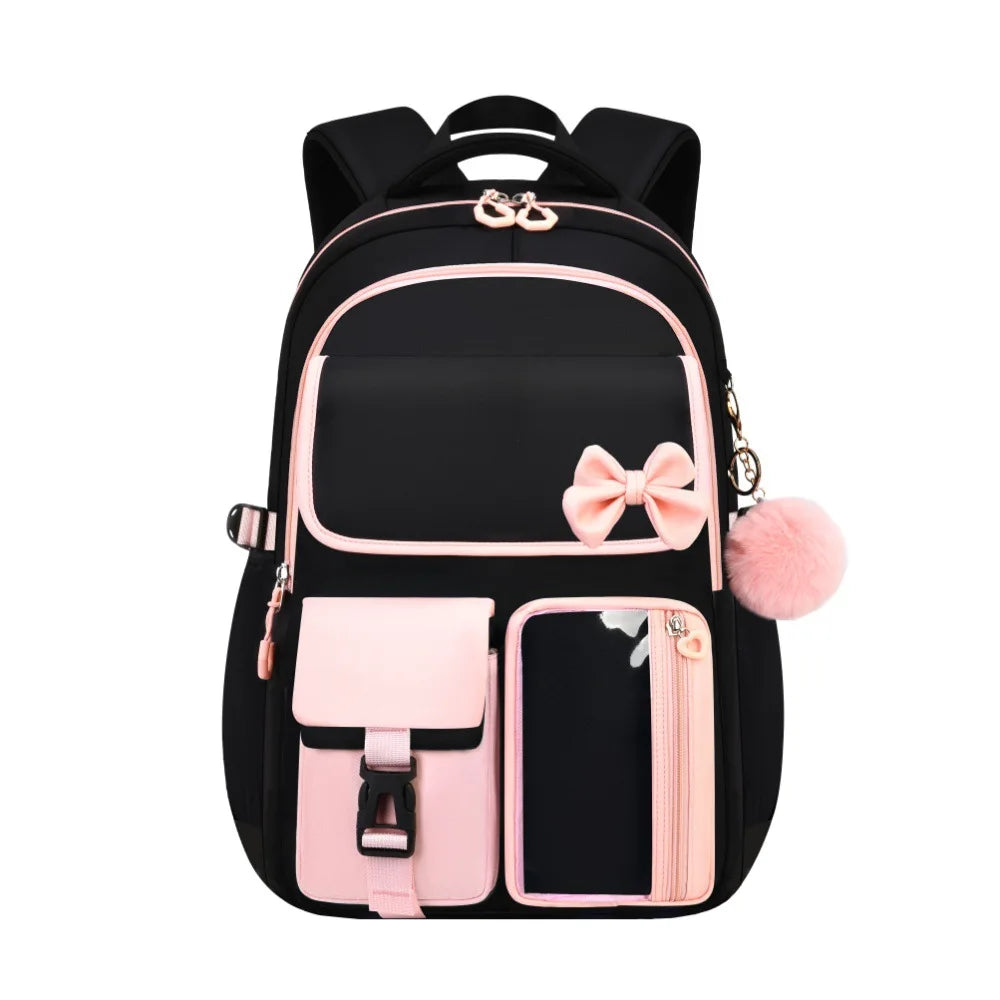 Zaino scolastico elementare multitasche per ragazze, zaino ergonomico impermeabile con fiocco, set di zaini per viaggi all'aperto e uso quotidiano