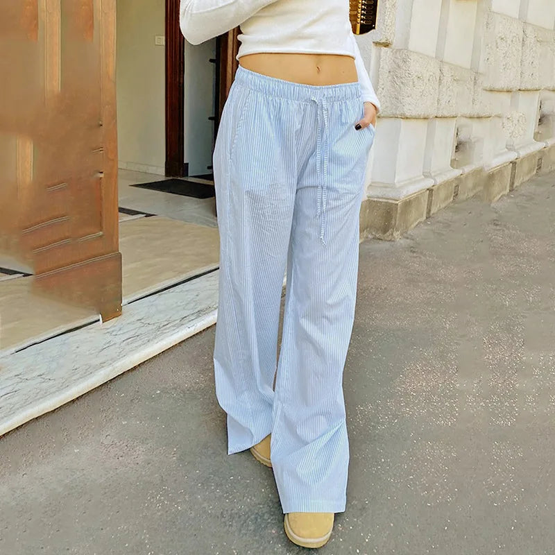 Pantaloni larghi con stampa a righe streetwear Pantaloni da jogging con lacci Moda Y2K Pantaloni larghi Estetici di base anni '90 Pantaloni carini