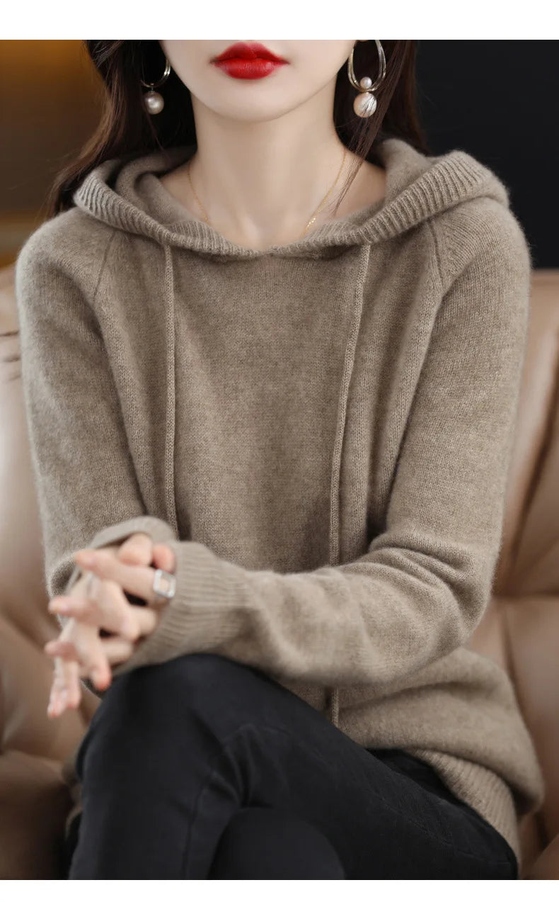 Maglione con cappuccio Moda Donna Autunno Inverno Manica lunga Tinta unita Felpe con cappuccio lavorate a maglia Lady Felpa con cappuccio pullover casual con coulisse allentata