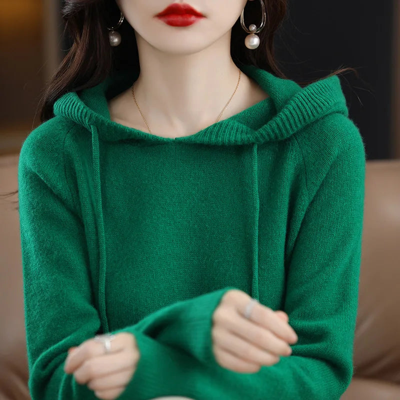 Maglione con cappuccio Moda Donna Autunno Inverno Manica lunga Tinta unita Felpe con cappuccio lavorate a maglia Lady Felpa con cappuccio pullover casual con coulisse allentata