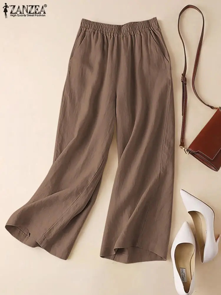 ZANZEA-Pantaloni Estivi da Donna in Cotone e Lino con Vita Elastica, Gamba Larga, Casual, Leggeri, Tinta Unita, Pantaloni Palazzo