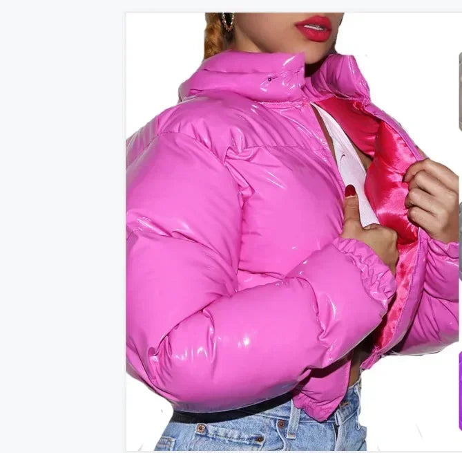 Giacca da donna imbottita in cotone Giacca moda casual lucida manica lunga autunno e inverno colletto alla coreana cerniera corta sexy strada calda