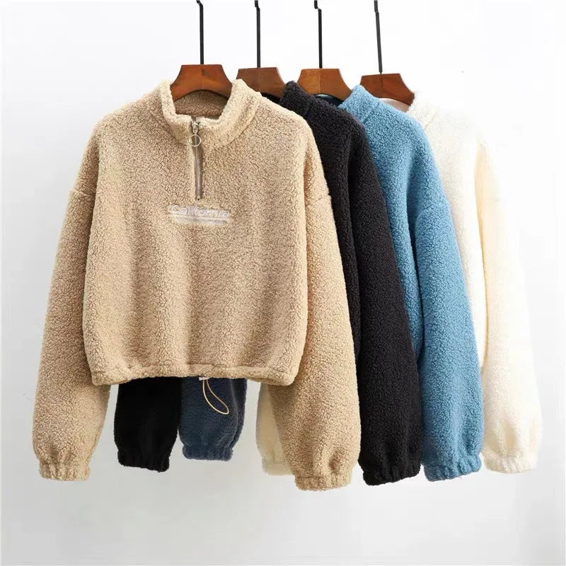 Felpe con cappuccio ritagliate in pile con ricamo a lettera da donna felpe con coulisse a maniche lunghe autunnali nuove magliette Casual in velluto di peluche