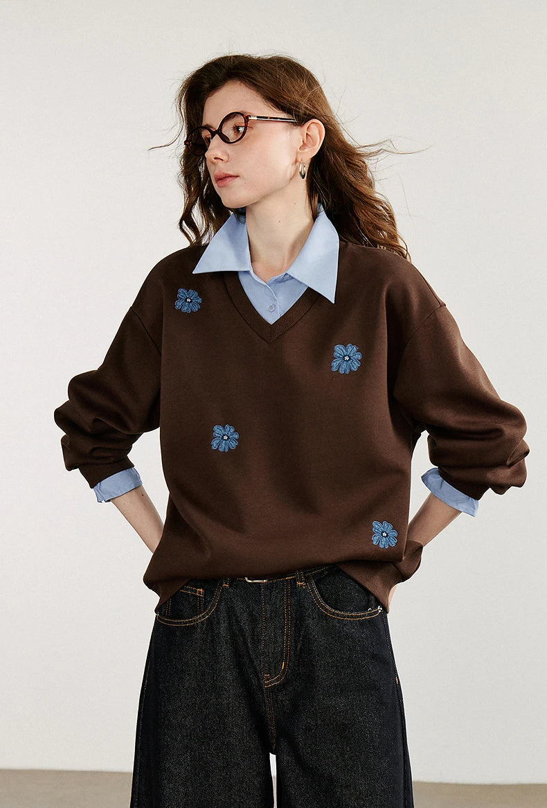 TOYOUTH Felpa da donna 2025 Autunno Nuovo Denim Fiore Ricamo Falso in due pezzi Splicing Colletto rovesciato Pullover casual in cotone