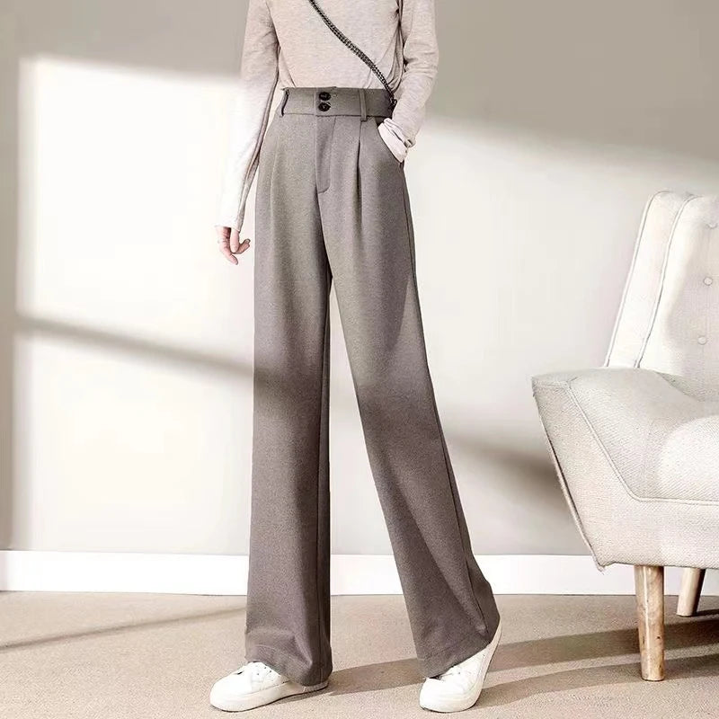 2024 Autunno Inverno Donna Pantaloni di lana concisi Lady Gamba larga Designer Pantaloni esterni Donna Addensare Pantaloni drappeggiati a vita alta