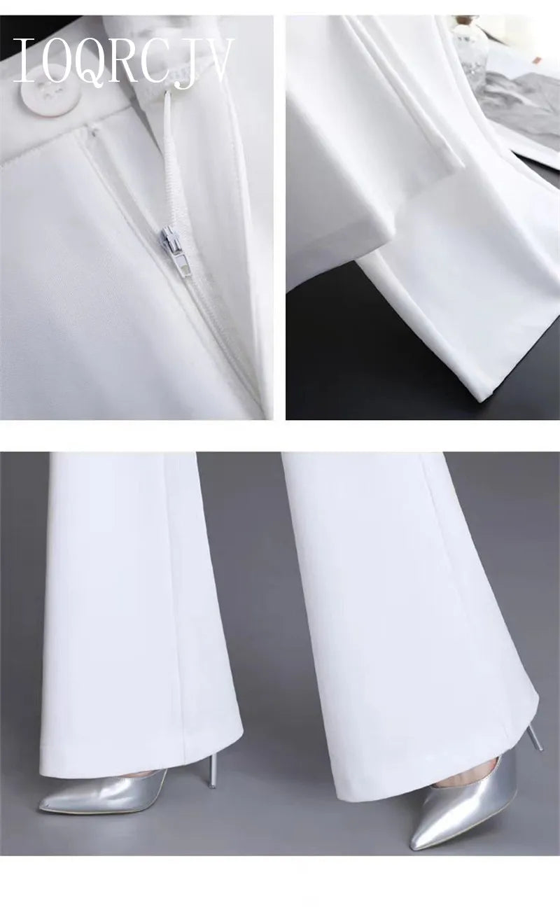 Pantaloni classici a zampa d'elefante bianchi sottili per le donne 2025 Pantaloni estivi a vita alta con fondo a campana sottile Pantaloni da donna da ufficio neri 5XL