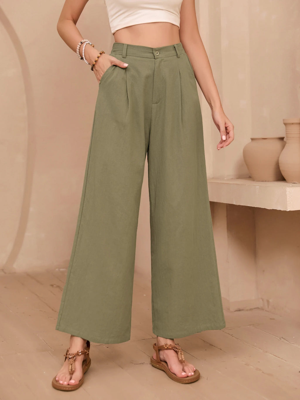 Eleganti Pantaloni Larghi in Lino Tinta Unita per Donne, Vita Alta, Casual Estivi, Morbidi e Snellenti, Lunghi per Primavera e Autunno