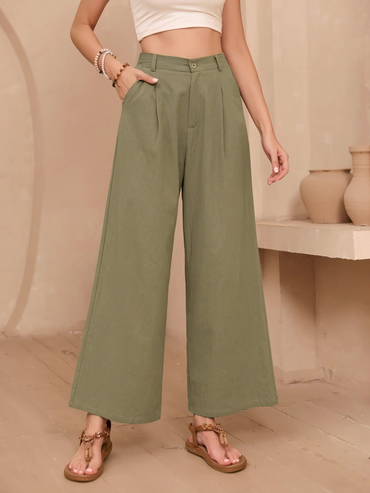 Eleganti Pantaloni Larghi in Lino Tinta Unita per Donne, Vita Alta, Casual Estivi, Morbidi e Snellenti, Lunghi per Primavera e Autunno