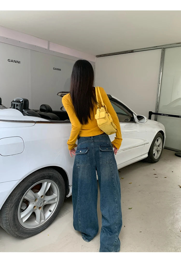 Jeans in denim blu a gamba dritta e vestibilità ampia da donna, pantaloni casual a gamba larga, comodi e rilassanti, stile coreano, per la primavera