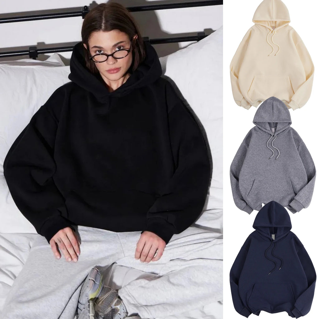 NUOVE felpe con cappuccio solide da donna invernali felpe comode in pile elasticizzato di base tasche larghe vestiti caldi pullover femminile da strada