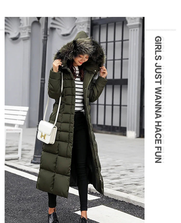 Cappotto Parka lungo in cotone piumino femminile nuovo inverno sopra il ginocchio ampio collo in pelliccia con cappuccio caldo parka spesso soprabito imbottito da donna
