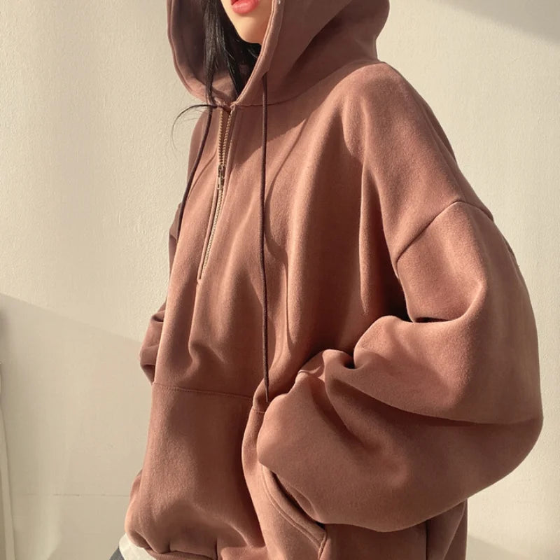 Felpa con cappuccio da donna Harajuku sciolto oversize tinta unita Top mezza Zip felpa donna Casual manica lunga tasca cappotti con cappuccio 2023
