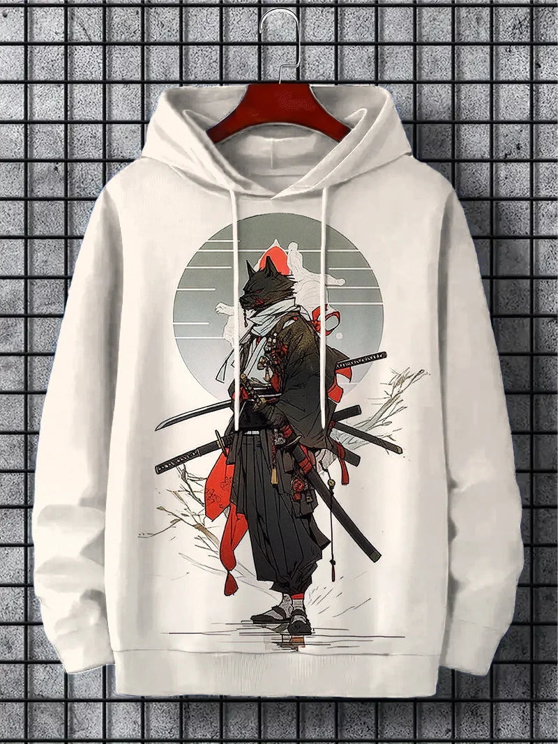 Felpa con cappuccio da uomo Samurai Stampa Y2k Felpa Harajuku Camicia con cappuccio Pullover Casual Oversize Manica lunga Sport Top Abbigliamento da uomo