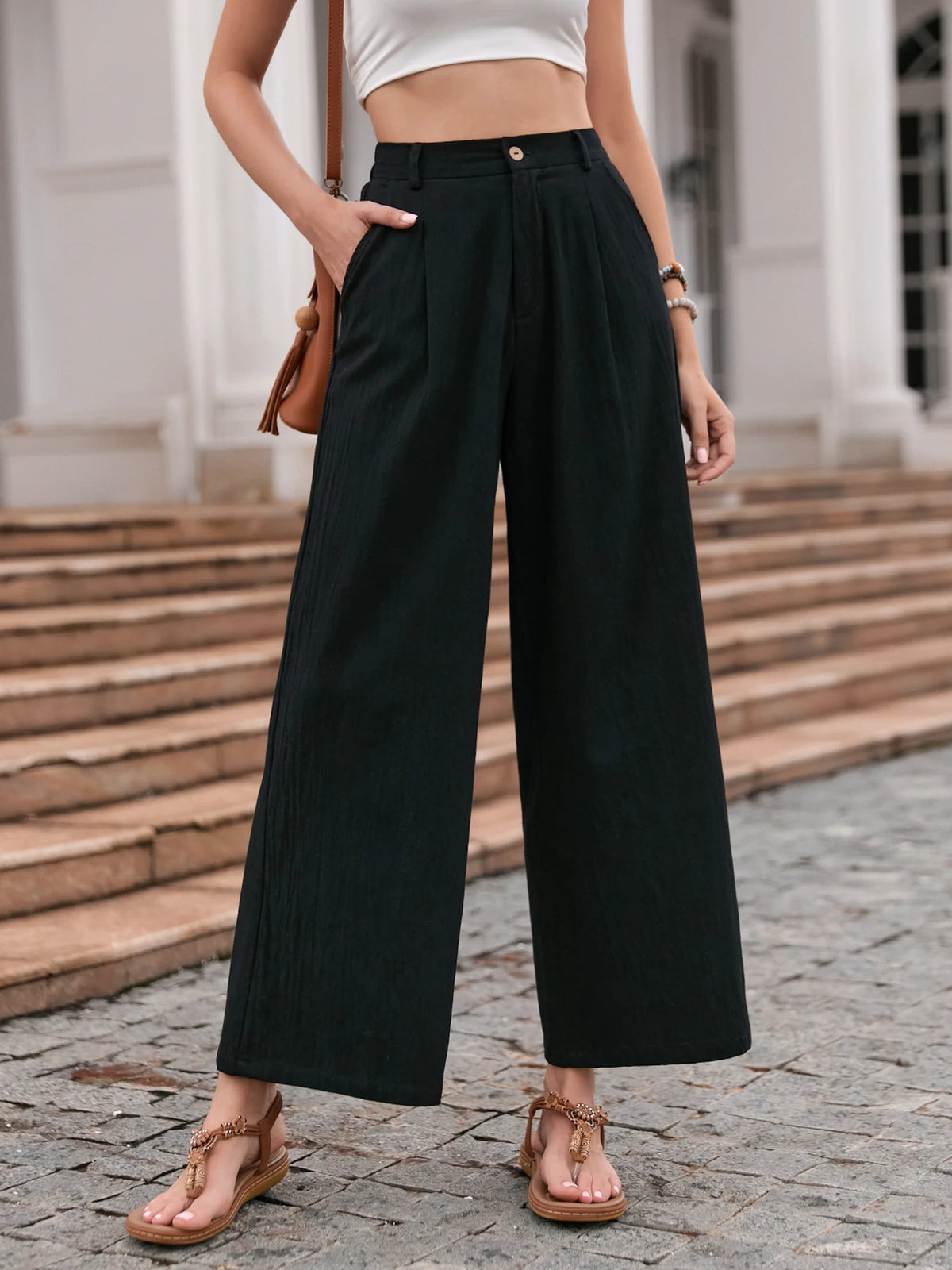 Eleganti Pantaloni Larghi in Lino Tinta Unita per Donne, Vita Alta, Casual Estivi, Morbidi e Snellenti, Lunghi per Primavera e Autunno