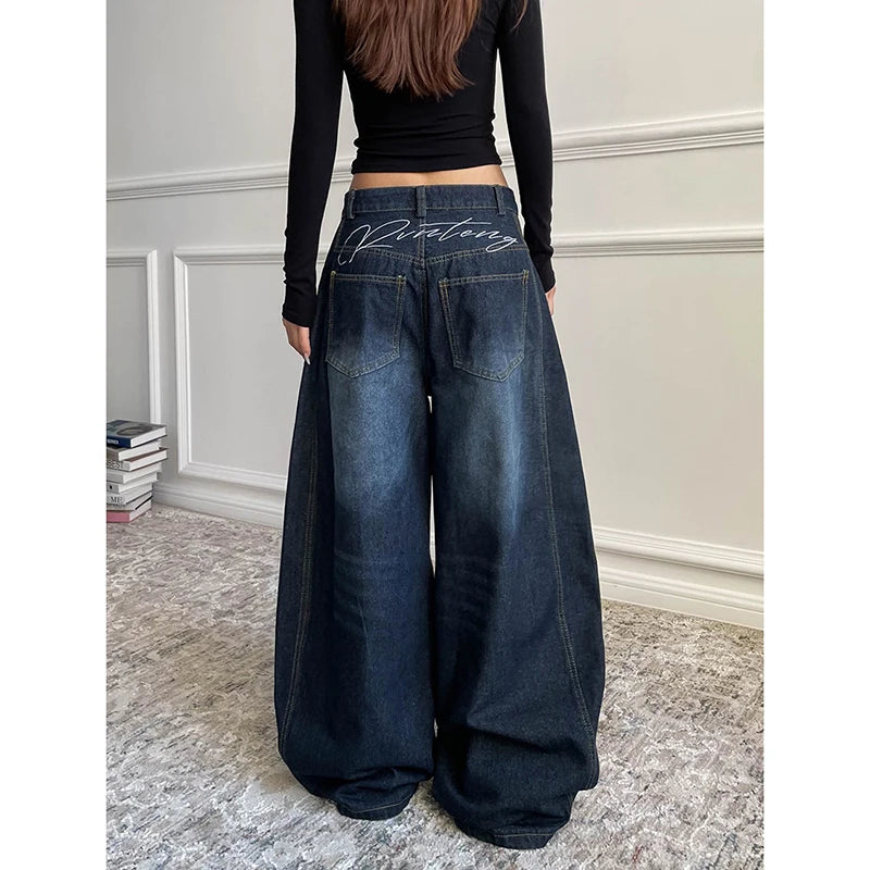 Blu delle Donne Retro Y2K 2000s Gamba Larga Baggy Casual Denim Pantaloni A Vita Alta Jeans Allentati 2024 Autunno Harajuku Pantaloni a Figura Intera