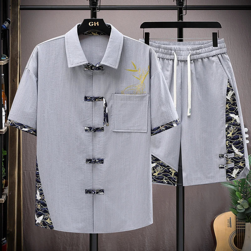 Set estivi uomo moda stampa camicia a maniche corte pantaloncini due pezzi uomo stile cinese Set sciolto Set corto da uomo
