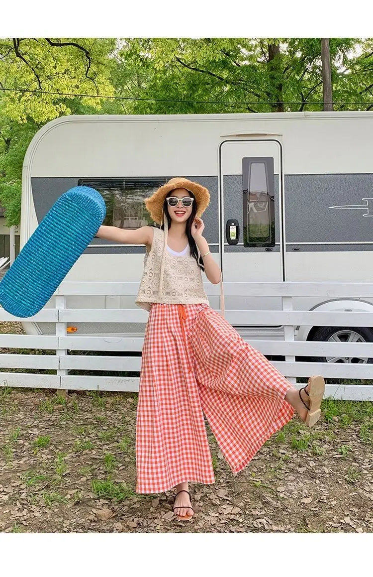 Pantaloni scozzesi a gamba larga da donna Pantaloni larghi stile coreano con pannelli Pantaloni streetwear Pantalones Abbigliamento estivo A-line Adolescenti College