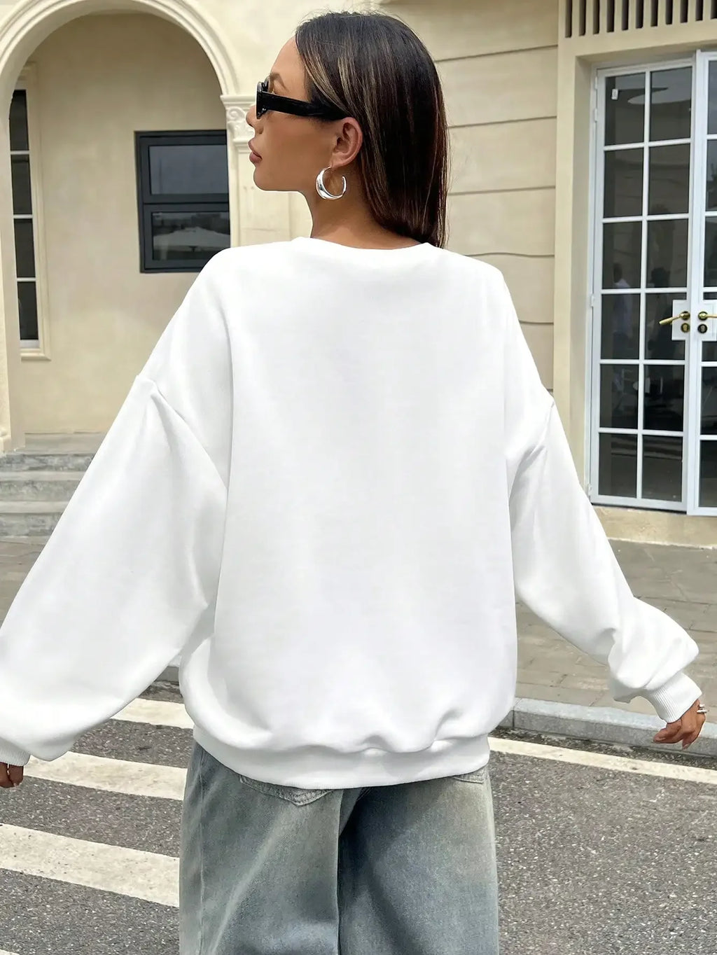 Felpa da Donna Primaverile Bianca Traspirante, Pullover Tinta Unita, Top Casual Ampio per Tutte le Stagioni, Manica Lunga Sottile con Collo Rotondo